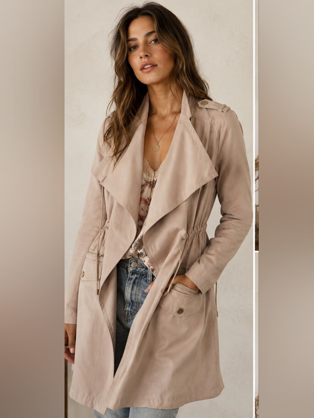 GUESS Los Angeles Women's Blush Waterfall Trench Coat Beige Cinched Waist M